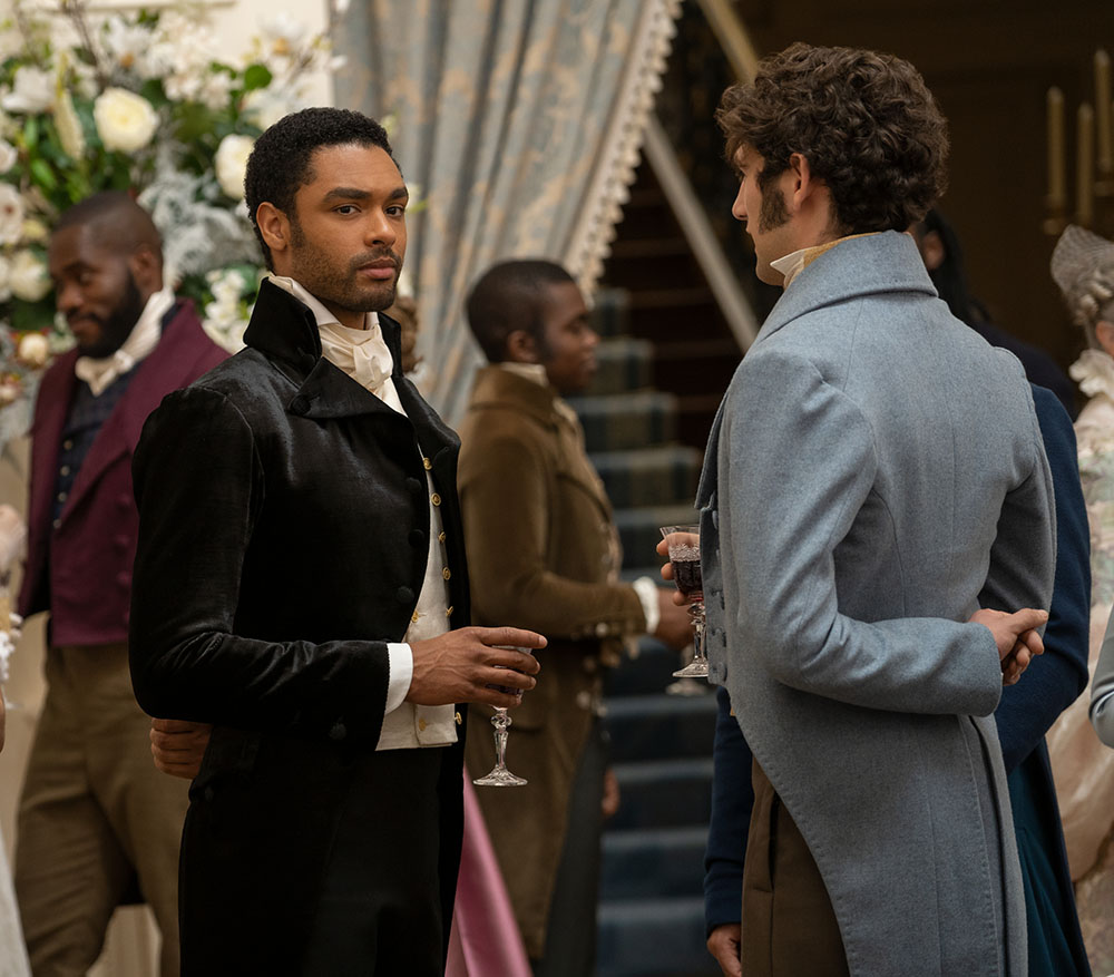 The character of Simon Basset from Bridgerton, wearing regency menswear