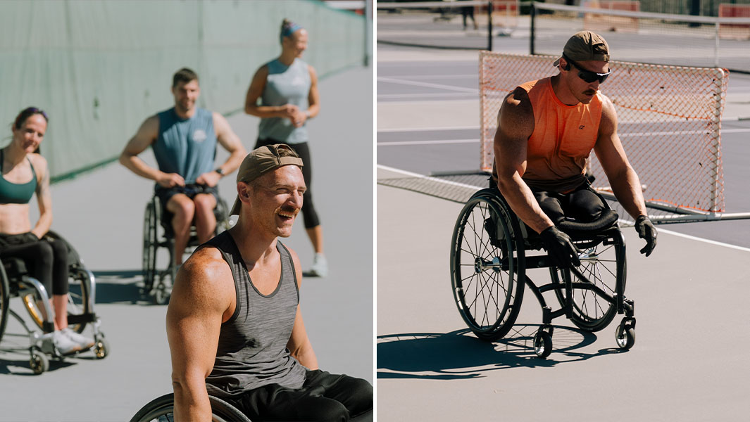 Split image of Mike racing in his wheelchair