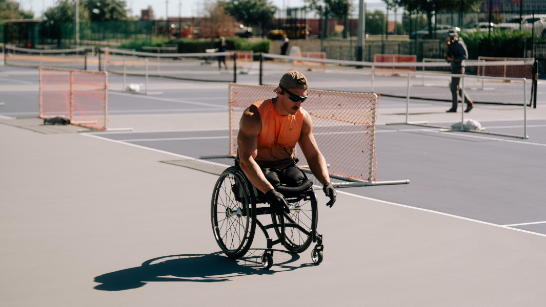 Split image of Mike racing in his wheelchair