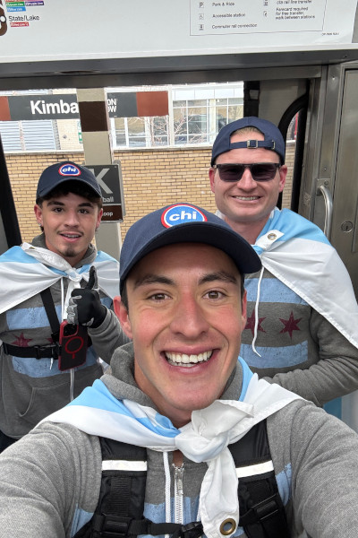 Group selfie next to the train doors