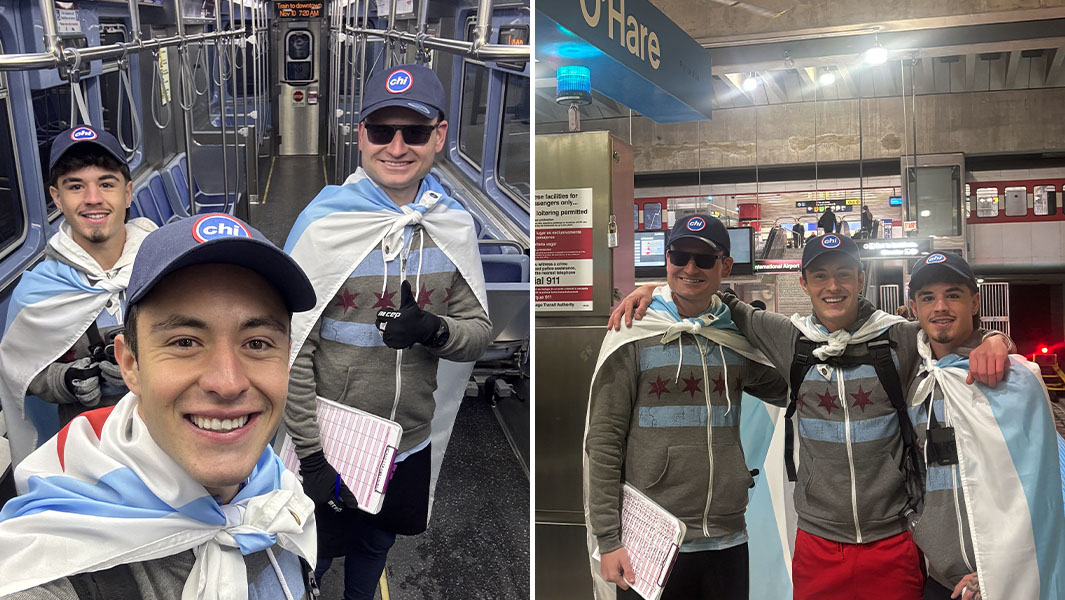 Split image of the trio taking a selfie at a station and at their last stop