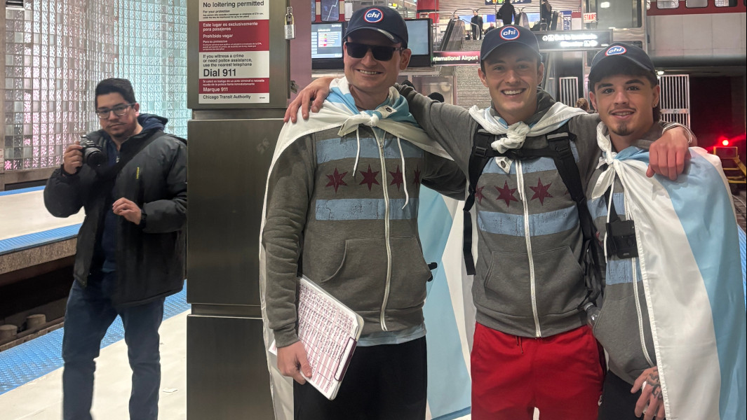 Split image of the trio taking a selfie at a station and at their last stop