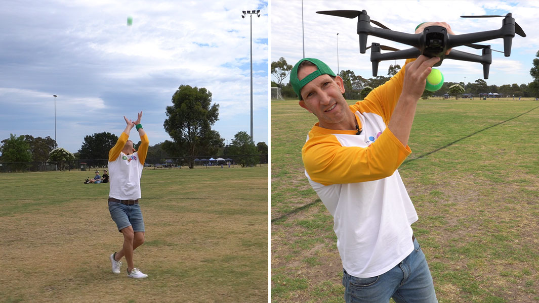 split image of Ozzie catching the ball and holding the drone