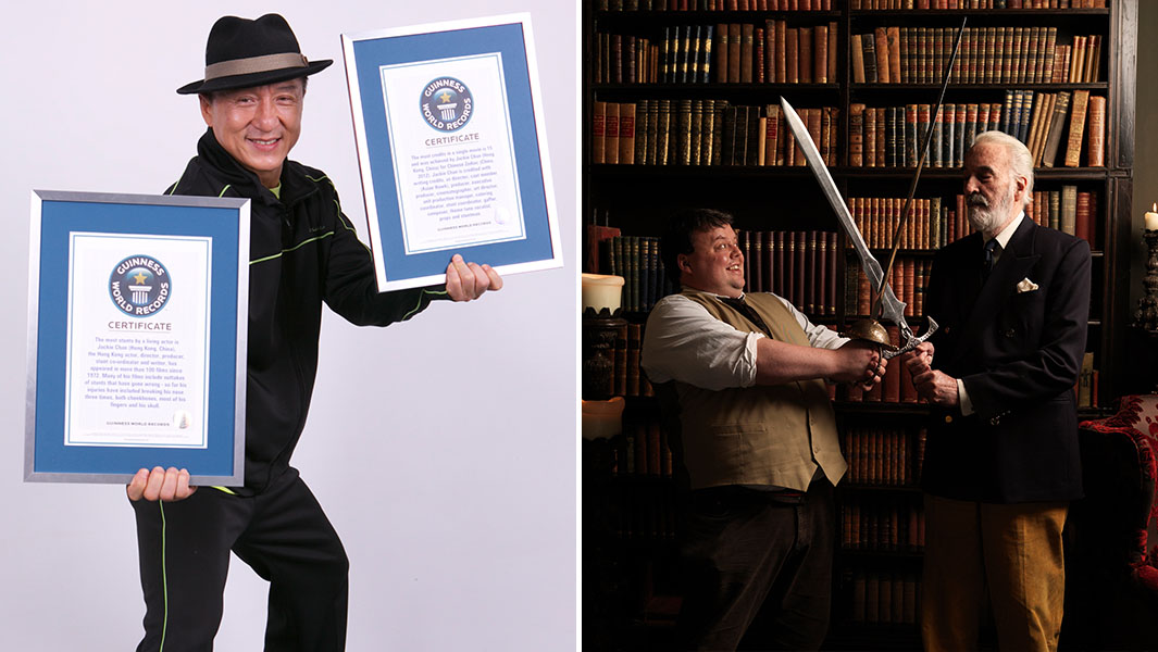 split image of Jackie Chan and Craig Glenday with Sir Christopher Lee