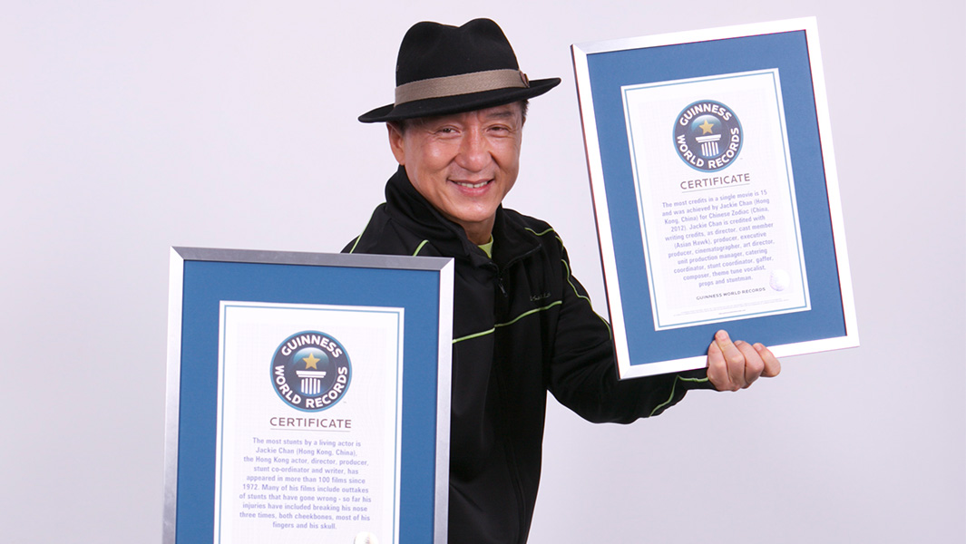 split image of Jackie Chan and Craig Glenday with Sir Christopher Lee