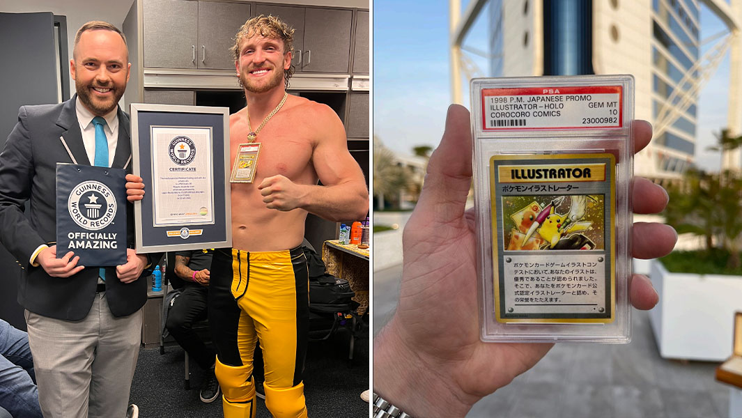 split image of Logan Paul with the card and a GWR Adjudicator and a close up of the card