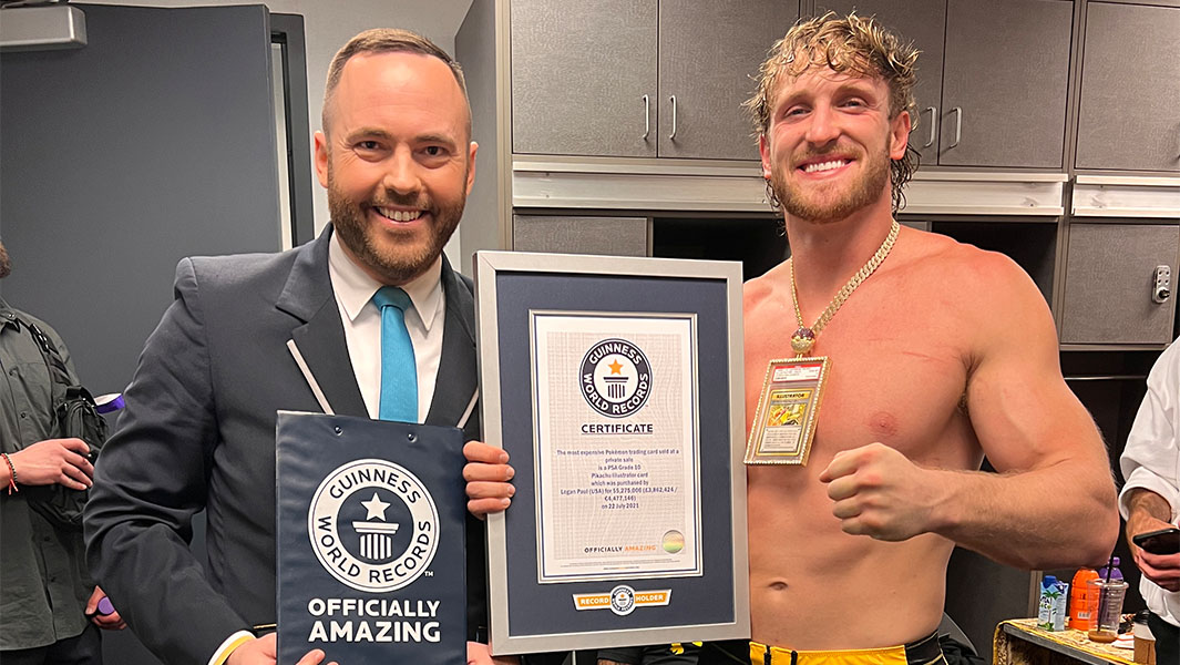 split image of Logan Paul with the card and a GWR Adjudicator and a close up of the card