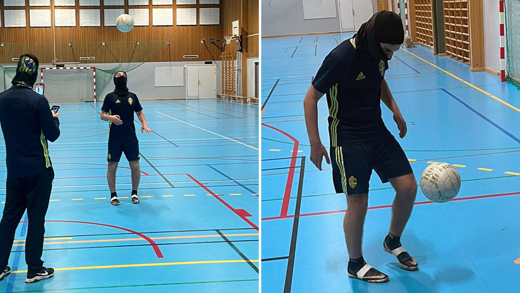 Split image of Daniel juggling the football from two different angles