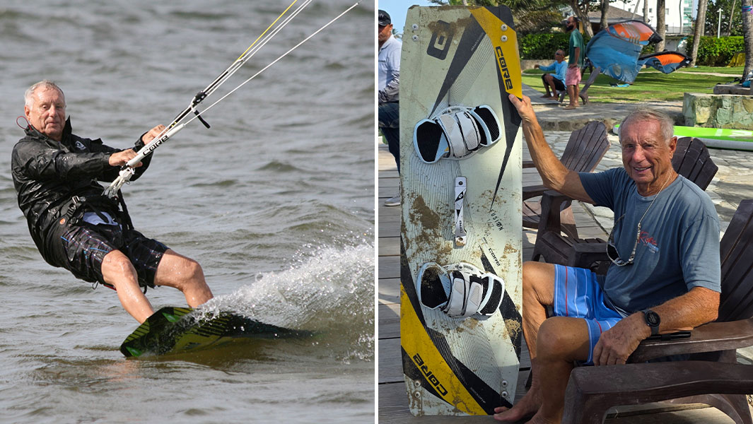split image of Rick kite surfing and sitting with his board