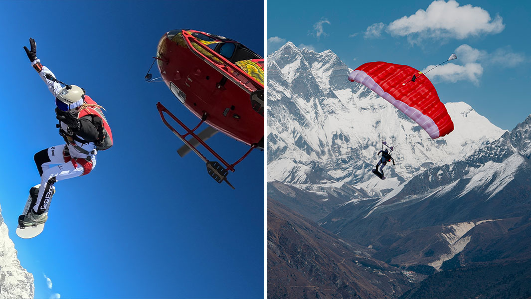 Split image of Olga jumping out of the helicopter and floating in a parachute