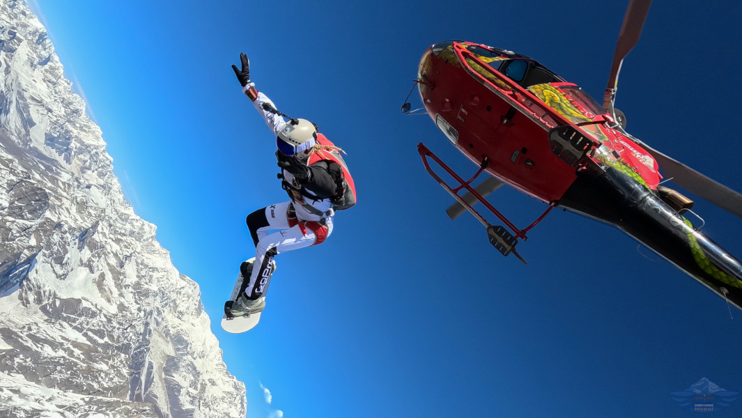 Split image of Olga jumping out of the helicopter and floating in a parachute