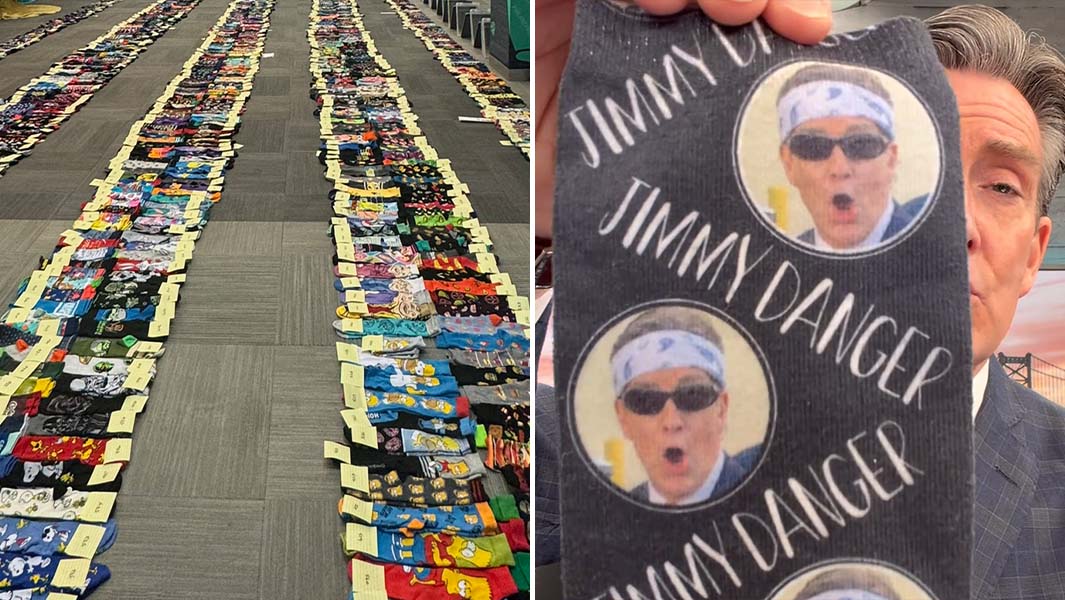 Split image of Jim's socks and Jim holding up his favorite pair