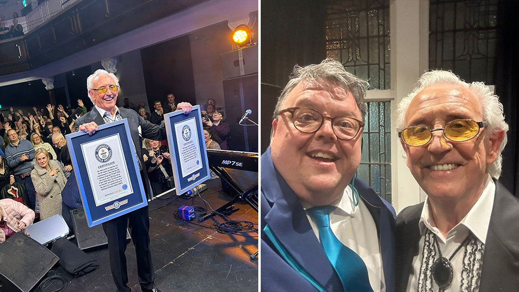 Tony Christie on stage with his GWR certificates and with Craig Glenday