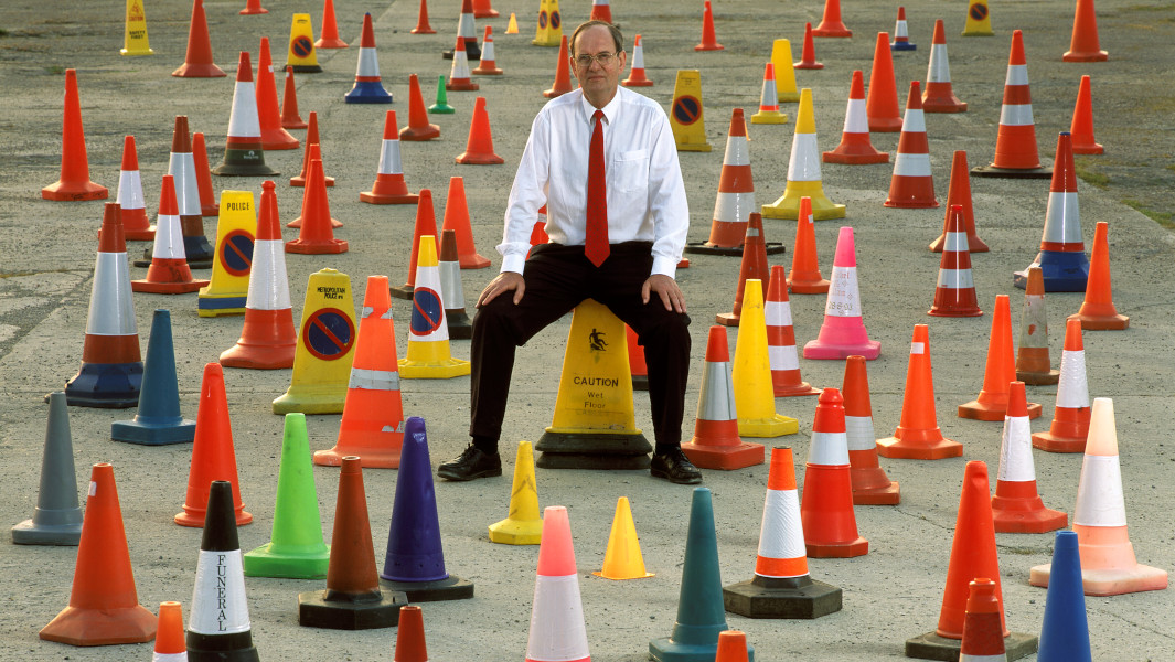 David Morgan surrounded by traffic cones