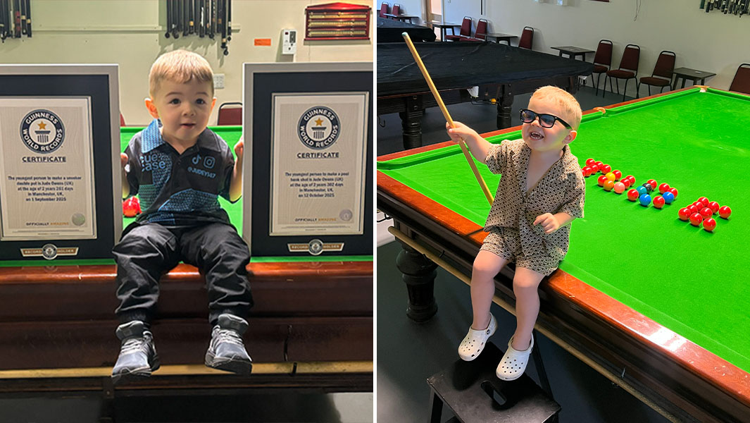 split image of Jude with his certificates and sitting on a snooker table