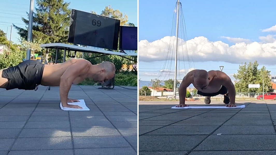 split image of Michael doing push ups