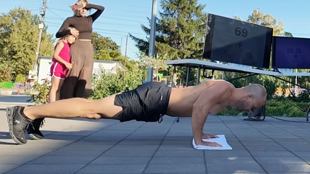split image of Michael doing push ups