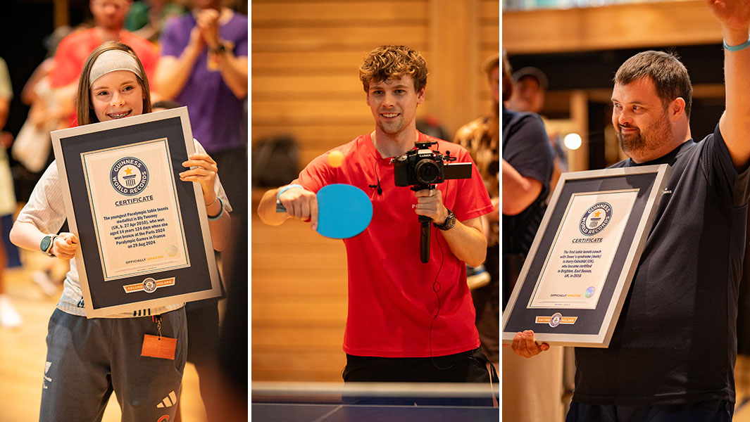 Bly Twomey and Harry Fairchild holding their GWR certificates, and Miikka O'Connor hitting a table tennis ball while holding a camera