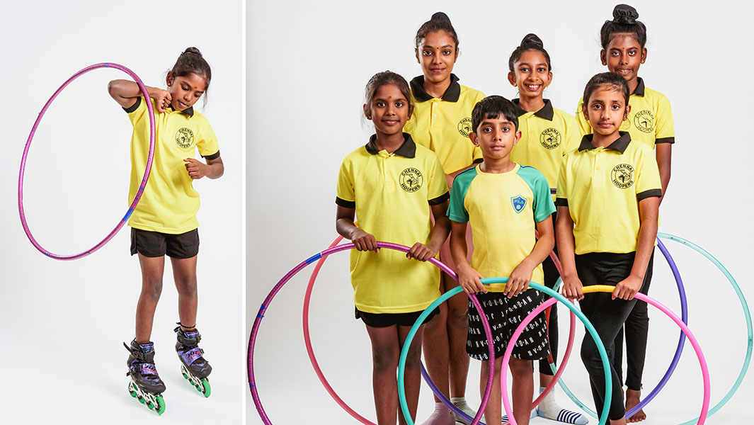 Split image of Vaishnavi passing a hula hoop around her body using her elbows while balancing on inline skates and the Chennai Hoopers stood together with their hula hoops