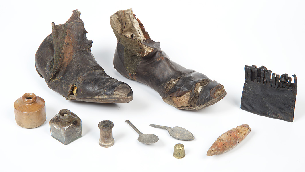 A pair of 1860s women's boots, found hidden under a floor in Brackley, Northamptonshire