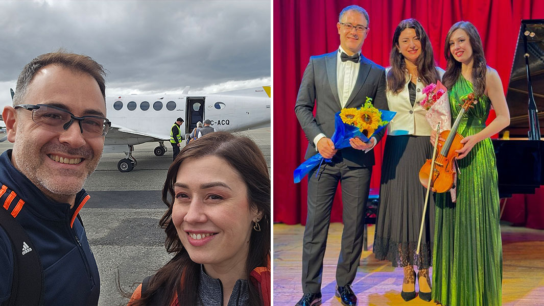 Split image of Diana, Stefan, and an organizer onstage, and the duo taking a selfie in front of a plane