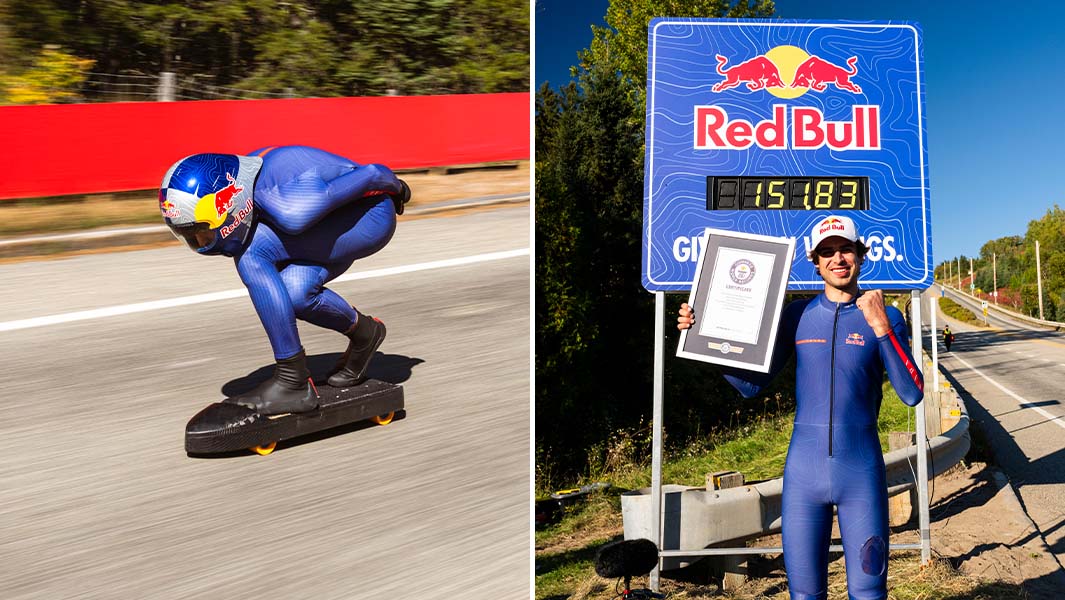 Split image of Diego going downhill on his skateboard, and Diego holding his GWR certificate next to the Redbull speed sign