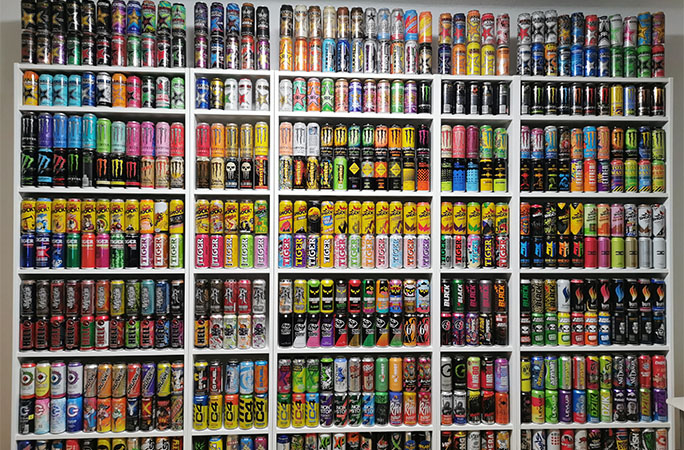 energy drink cans on shelves