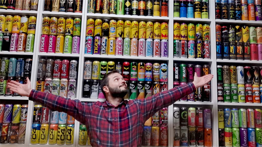 Gergő Borbély with his energy drink cans collection