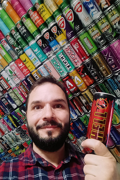 record holder holding a HELL can