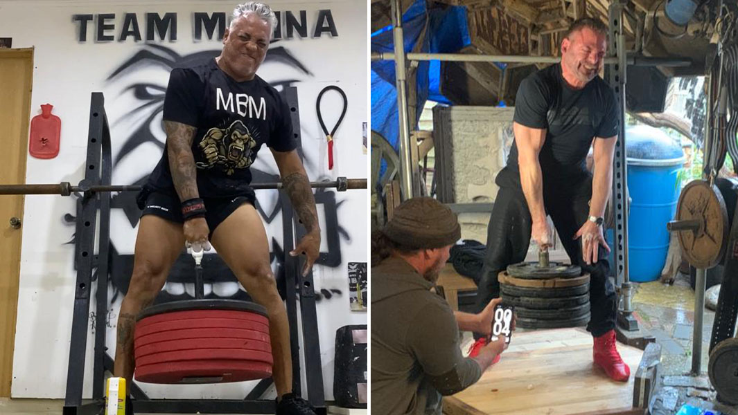split image of two men performing a one-finger deadlift