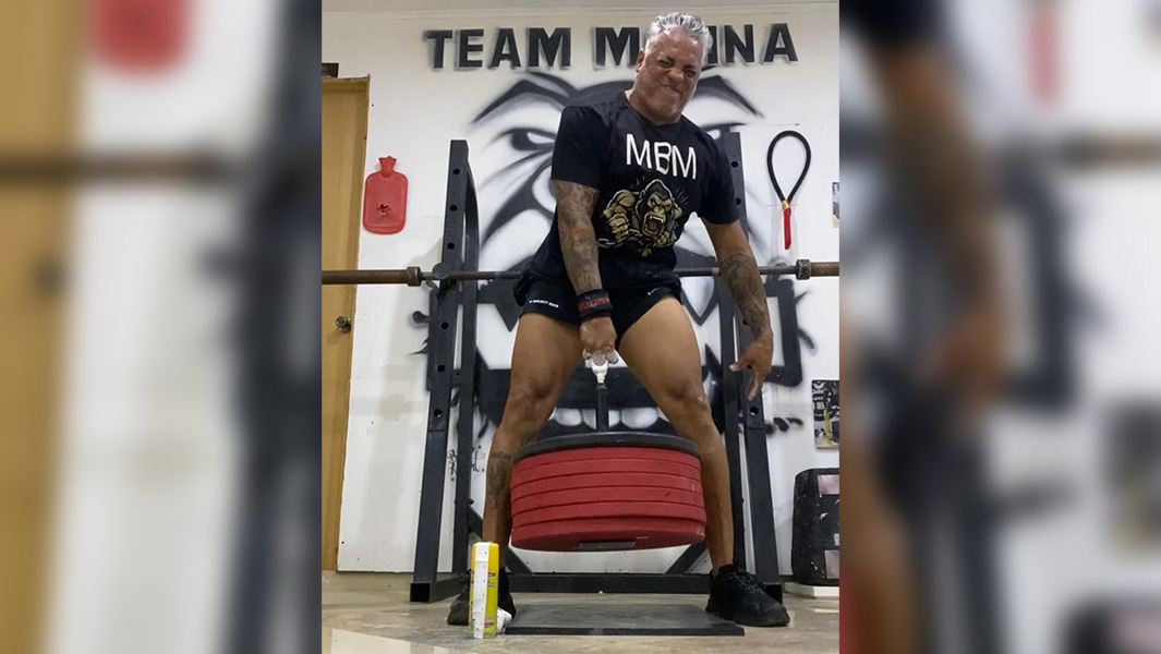 split image of two men performing a one-finger deadlift