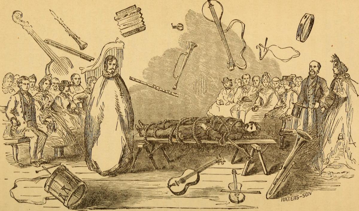 An illustration of a seance by the davenport brothers