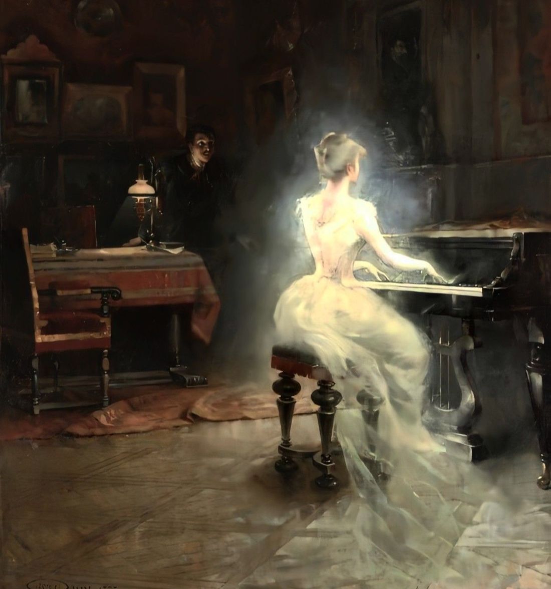 A painting of a ghost playing the piano