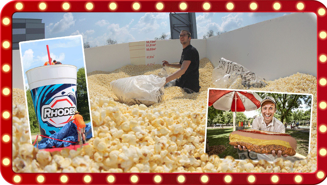 Collage of images including largest popcorn bucket, largest soda cup and largest hot dog