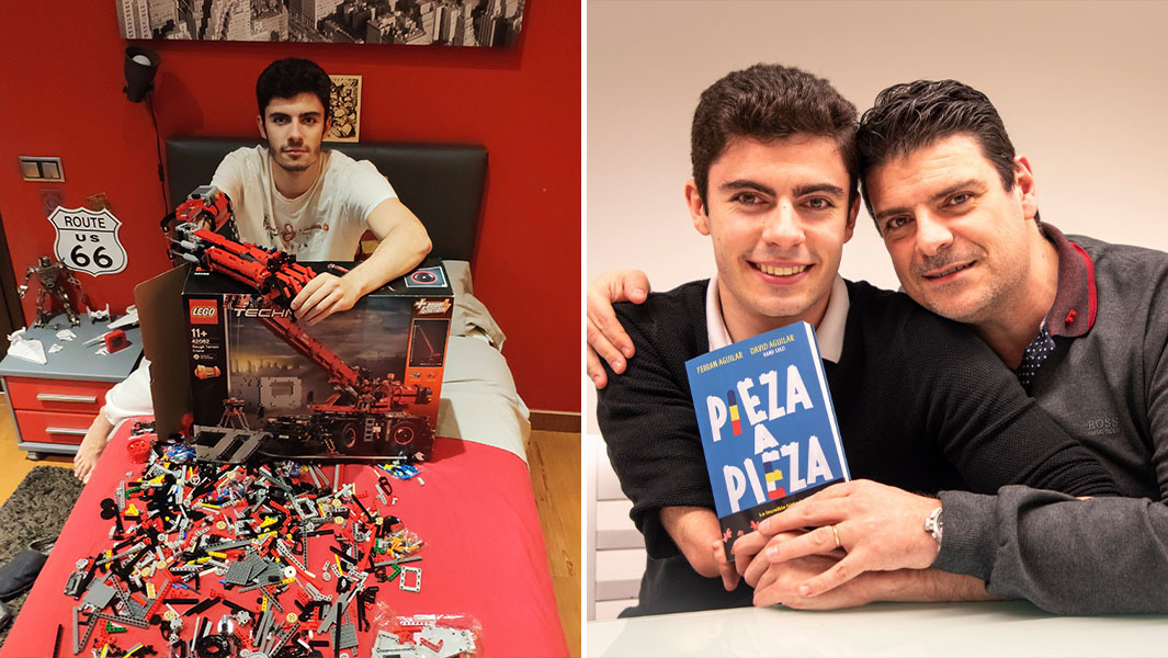 split image of David on his bed surrounded by LEGO and posing with his dad and their book