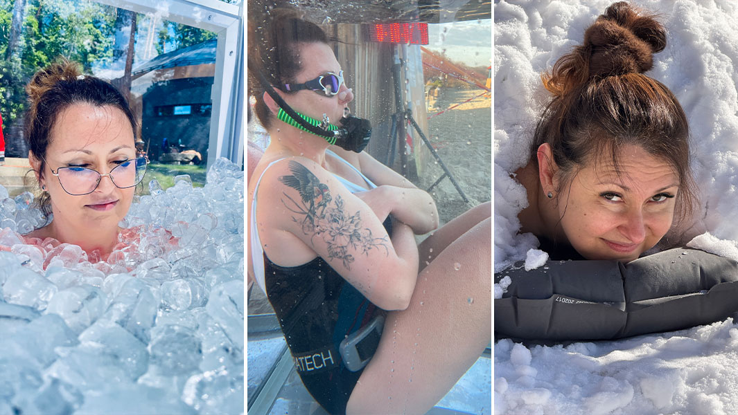 split image of Mari in ice, ice water and snow