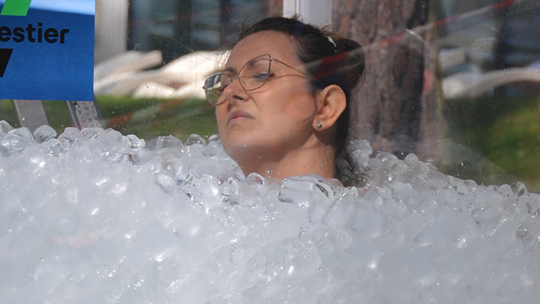 split image of Mari in ice, ice water and snow