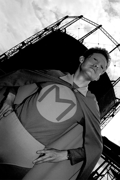 Mr Methane posing in costume in a black and white photo