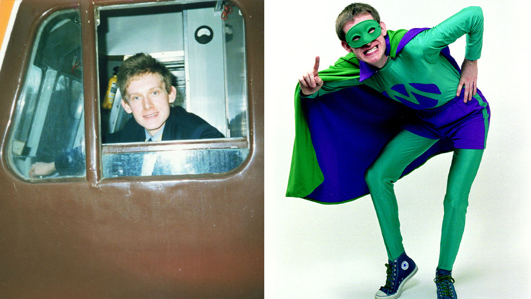 split image of Paul driving a train and as Mr Methane