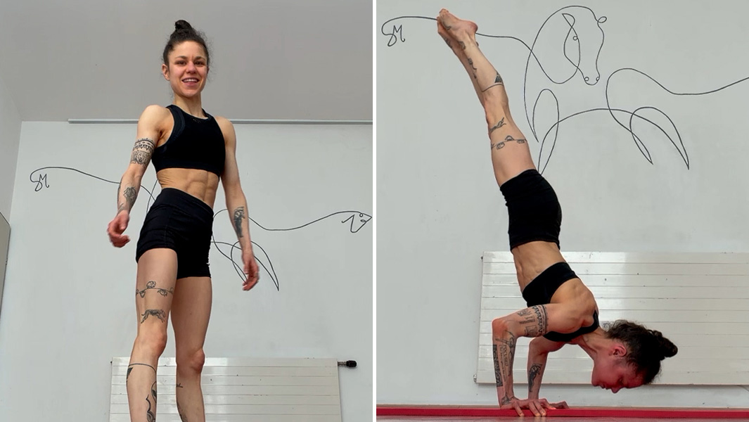 split image of Stefanie posing and doing a nose to ground handstand push up