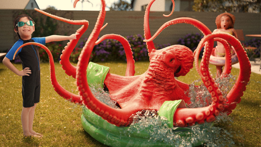 Children shocked by a giant pacific octopus, created by 3D digital artist Joseph O'Neil