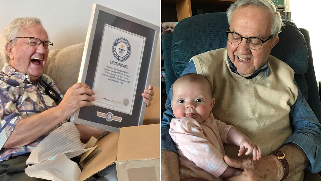 Split header image of Normand unveiling his certificate, and Normand holding baby Madison