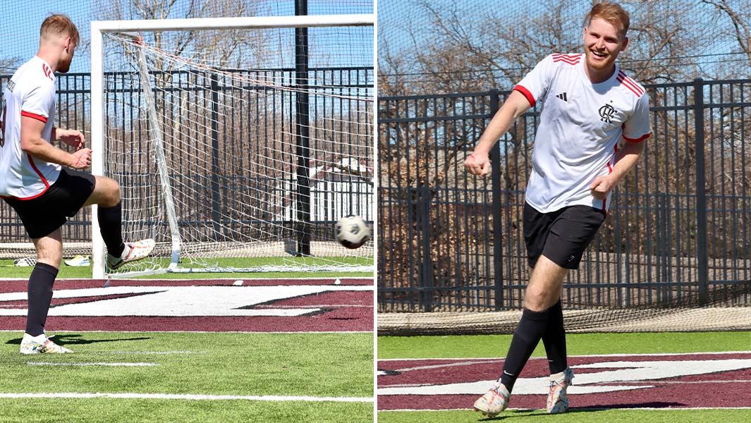 split image of Sam shooting a penalty and running on the pitch