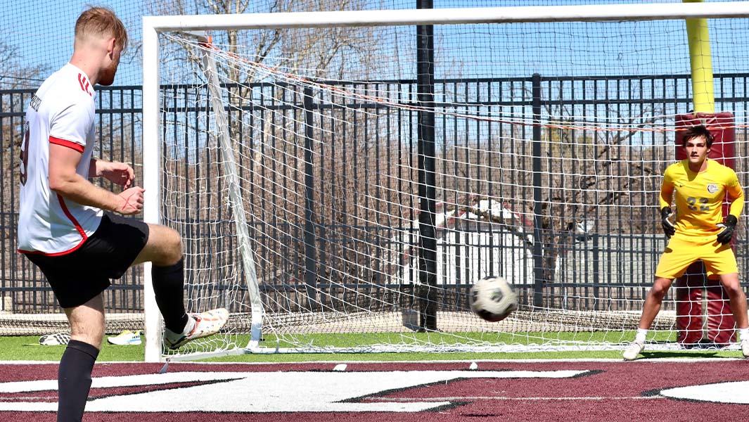 split image of Sam shooting a penalty and running on the pitch