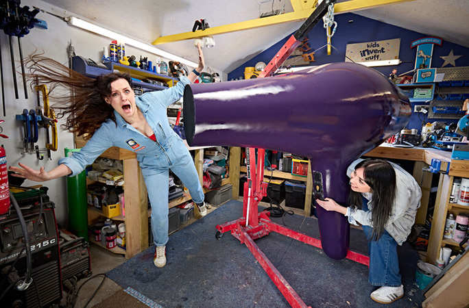 Ruth being blown away by the largest hairdryer in the Kids Invent Stuff workshop