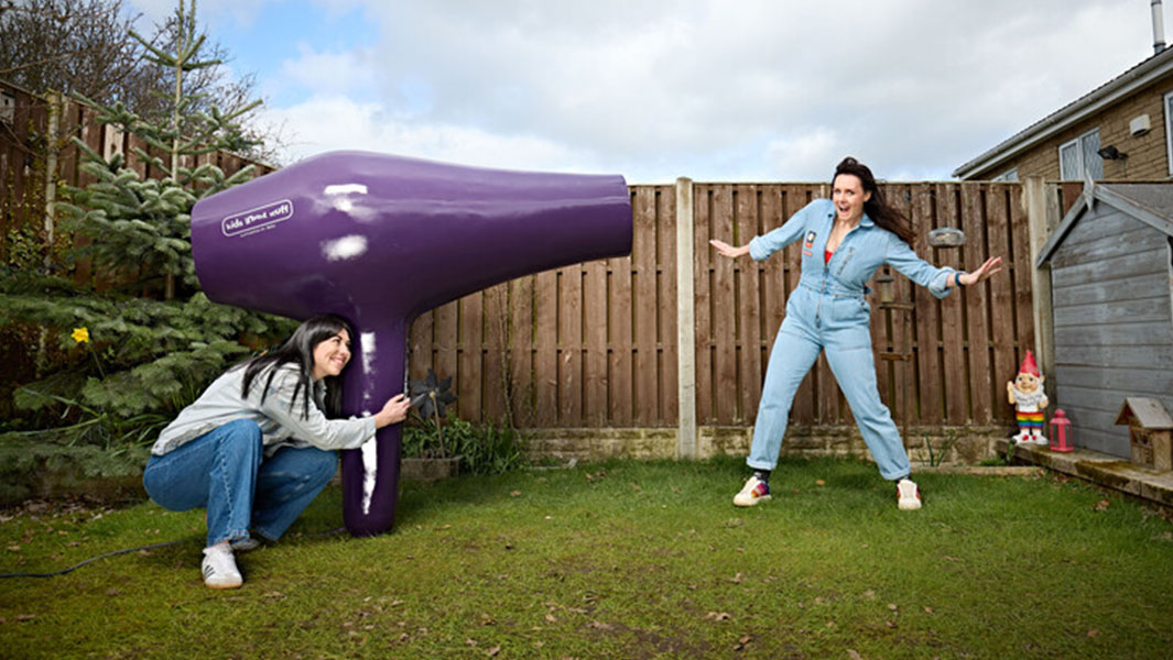 Split image of Ruth holding her GWR certificate and Ruth being blown away by the largest hairdryer