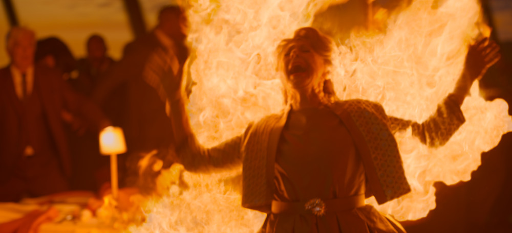 Close-up of Yvette on fire on the Final Destination set