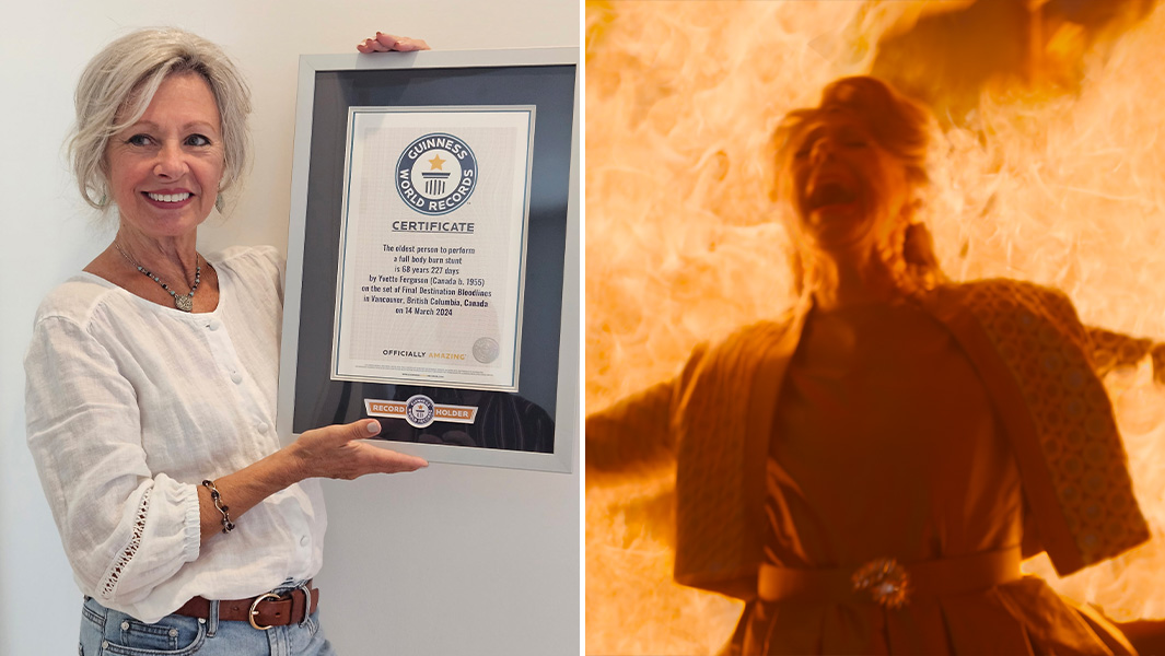 Split header image of Yvette holding her GWR certificate, and Yvette on fire during the set