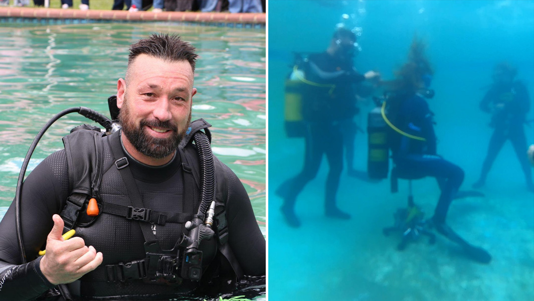 split image of Andre in scuba gear and underwater doing a haircut