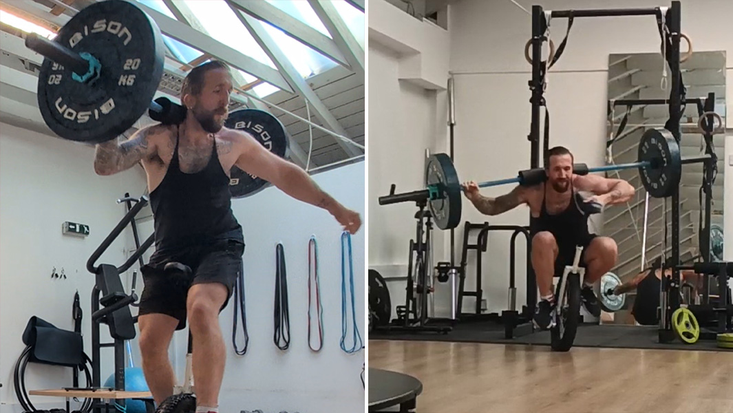 Split image of two different angles of Jason completing the squat with the barbell and unicycle